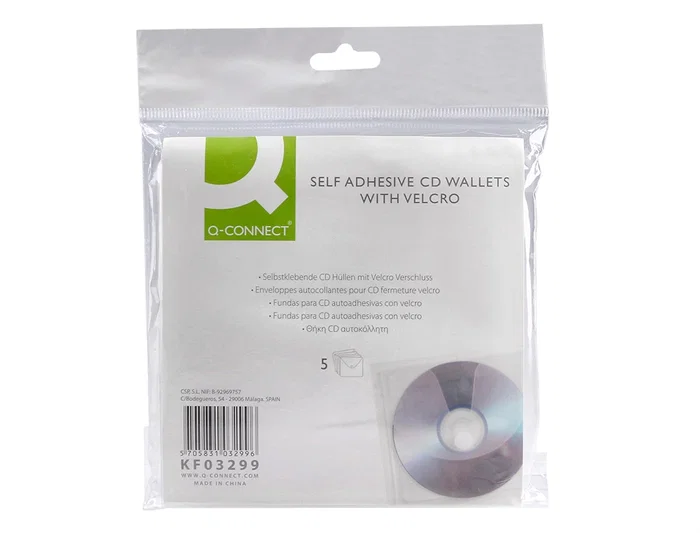 Q-connect Sobre para CD/DVD Polipropileno Transparente con Cierre Velcro Bolsa 5 Unidades