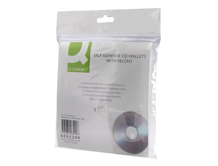 Q-connect Sobre para CD/DVD Polipropileno Transparente con Cierre Velcro Bolsa 5 Unidades