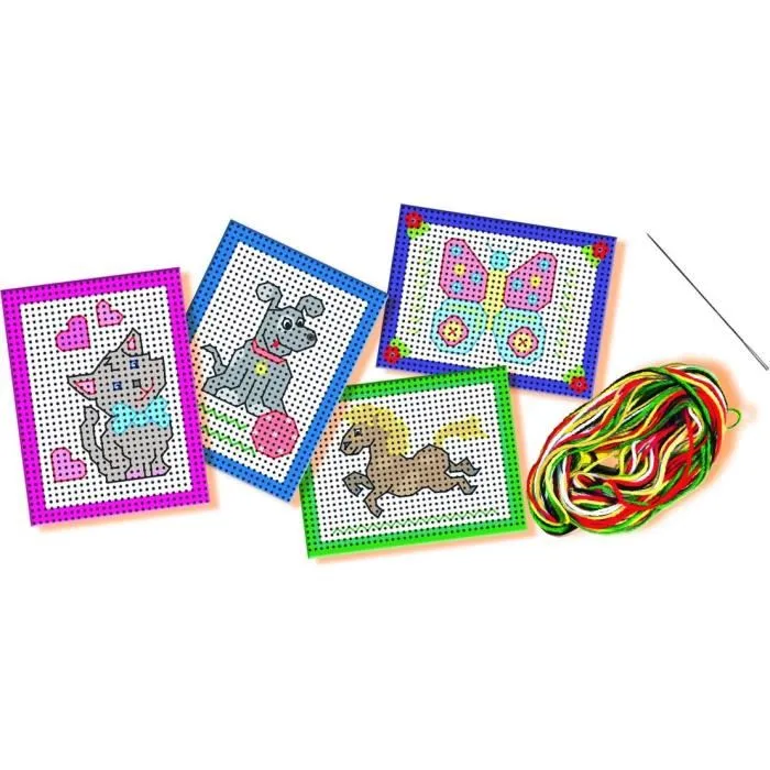 Ses Creative Aprendo a Bordar Kit - Gato, Mariposa, Caballo y Perro - Tarjetas Preimpresas y Perforadas - Niños y Niñas +3 Años