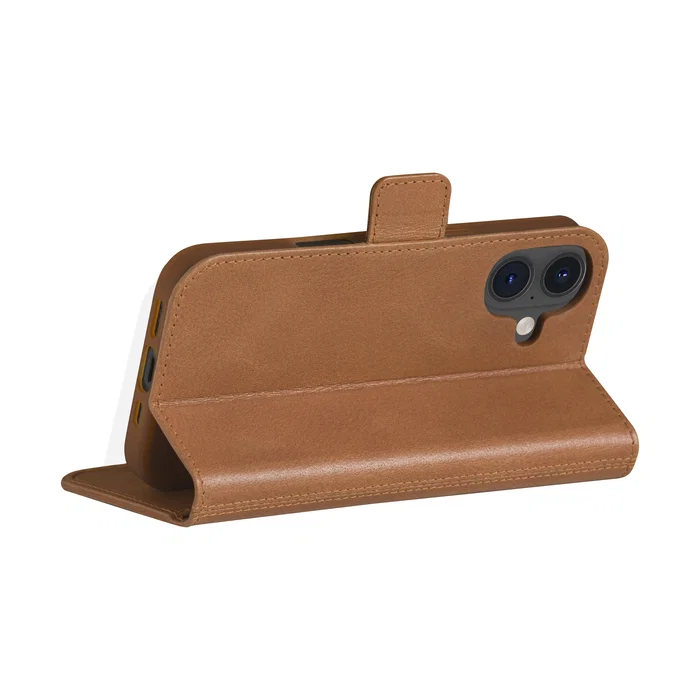 Dbramante1928 Copenhagen Funda Folio de Cuero Bronceado para Apple iPhone 16 - Con Soporte, 3 Bolsillos para Tarjetas y Carga Inalámbrica
