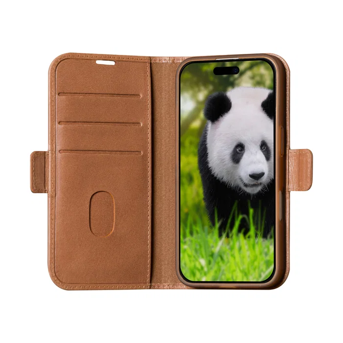Dbramante1928 Copenhagen Funda Folio de Cuero Bronceado para Apple iPhone 16 - Con Soporte, 3 Bolsillos para Tarjetas y Carga Inalámbrica