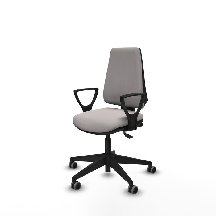 Silla de oficina Elche con mecanismo Asincro tapizada con Similpiel color Blanco. Equipada con Base piramidal negra, Brazos fijos y Ruedas 65 mm parqué