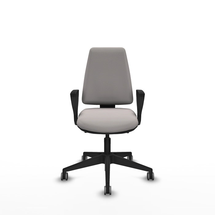Silla de oficina Elche con mecanismo Asincro tapizada con Similpiel color Blanco. Equipada con Base piramidal negra, Brazos fijos y Ruedas 65 mm parqué