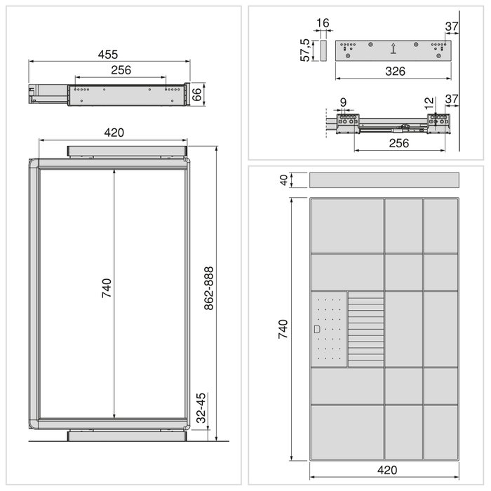 Emuca Kit de cajón organizador y bastidor regulable Quartz para armarios, guías de cierre suave y extracción total, Módulo 90cm, Acabado Titanio