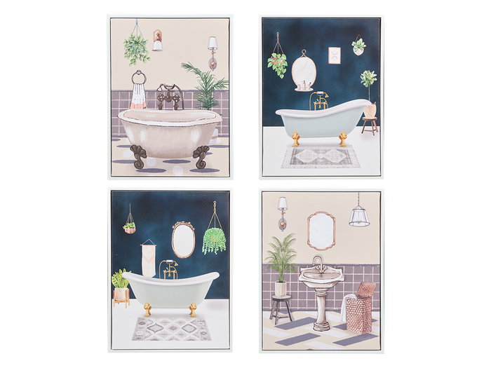 Giftdecor Cuadro Lienzo Marco Blanco Baño Surtido 30x40x3 cm (Set de 4)