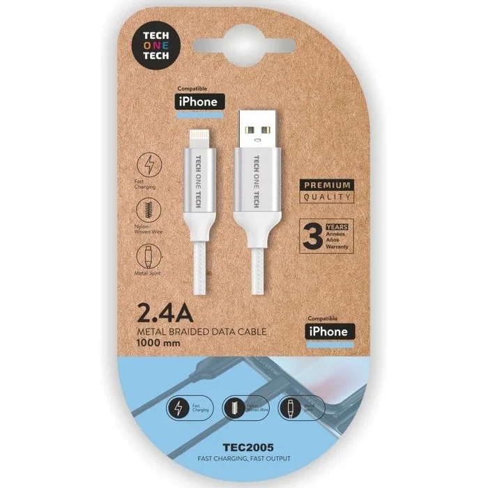 Tech One Tech Cable USB-A a Lightning de Nylon 1m Blanco TEC2005