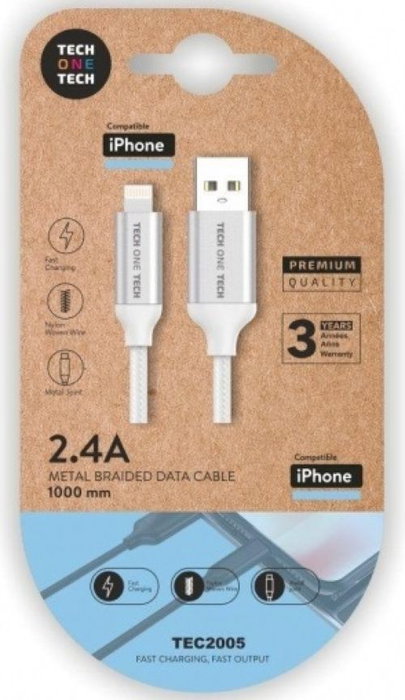 Tech One Tech Cable USB-A a Lightning de Nylon 1m Blanco TEC2005
