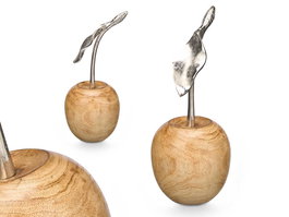 Giftdecor Soporte Decoración Triple Cereza Plateado Metal y Madera Natural 12 x 31 x 12 cm (Set de 6)