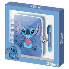 Disney Lilo y Stitch Pack Diario Plush + Bolígrafo 6 Colores A5, Peluche Azul, 100 Hojas, Candado, 6 Tintas