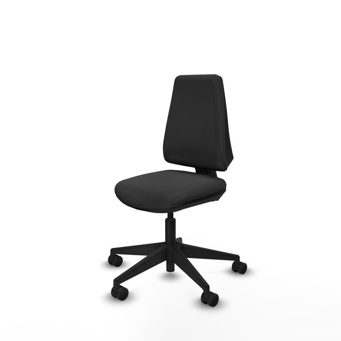 Silla de oficina Elche con mecanismo Contacto permanente básico tapizada con Similpiel color Gris oscuro. Equipada con Base piramidal negra, Sin brazos y Ruedas 65mm nailon