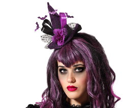 Diadema Halloween Bruja Morado Mujer Adulto con Sombrero y Velo