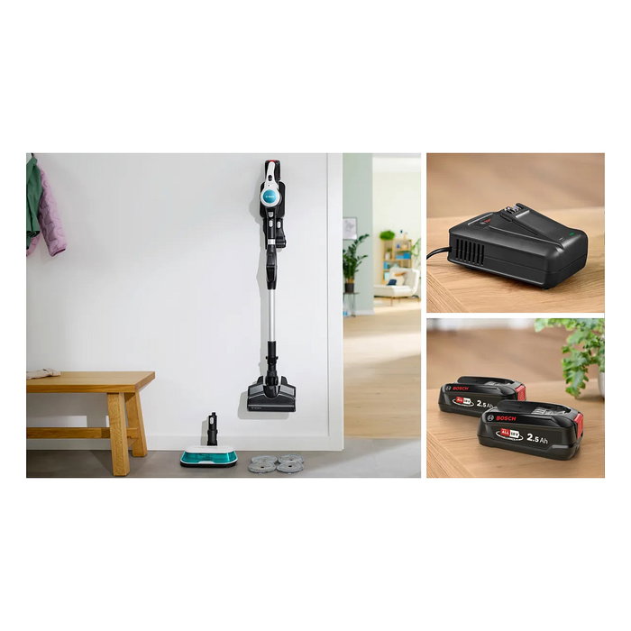 Bosch BSS712XHYG Aspiradora Escoba 2 en 1 Sin Bolsa 18 V con Función de Fregado, HEPA, 0.3 L, Color Aguamarina/Negro/Plata/Blanco