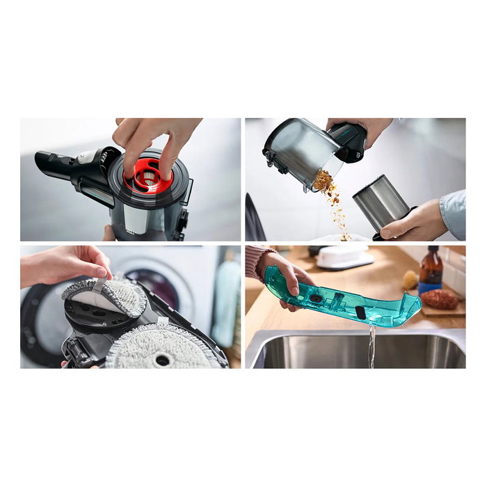 Bosch BSS712XHYG Aspiradora Escoba 2 en 1 Sin Bolsa 18 V con Función de Fregado, HEPA, 0.3 L, Color Aguamarina/Negro/Plata/Blanco