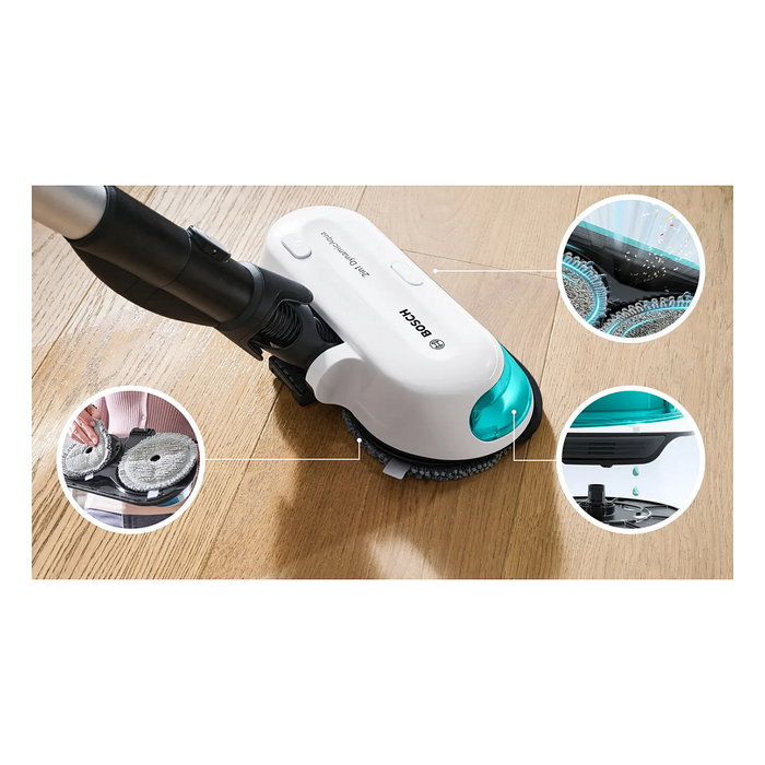 Bosch BSS712XHYG Aspiradora Escoba 2 en 1 Sin Bolsa 18 V con Función de Fregado, HEPA, 0.3 L, Color Aguamarina/Negro/Plata/Blanco