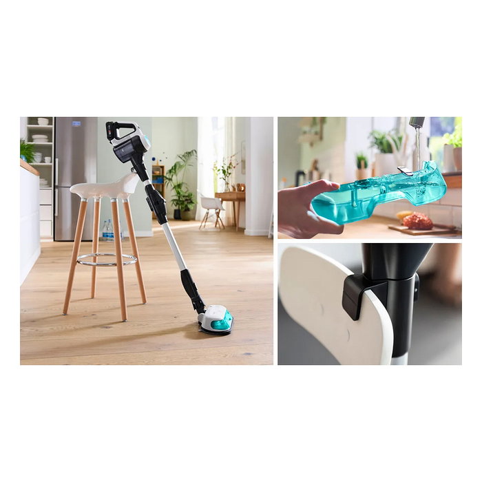 Bosch BSS712XHYG Aspiradora Escoba 2 en 1 Sin Bolsa 18 V con Función de Fregado, HEPA, 0.3 L, Color Aguamarina/Negro/Plata/Blanco
