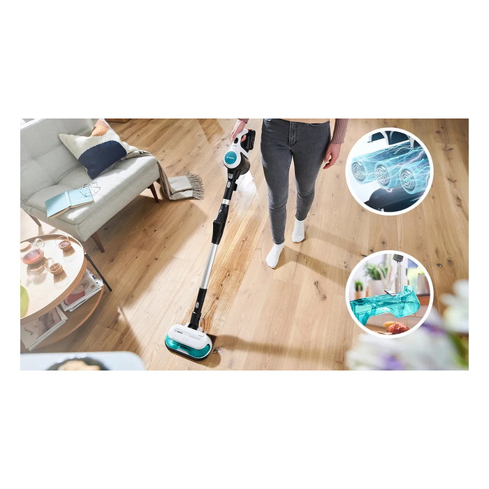 Bosch BSS712XHYG Aspiradora Escoba 2 en 1 Sin Bolsa 18 V con Función de Fregado, HEPA, 0.3 L, Color Aguamarina/Negro/Plata/Blanco