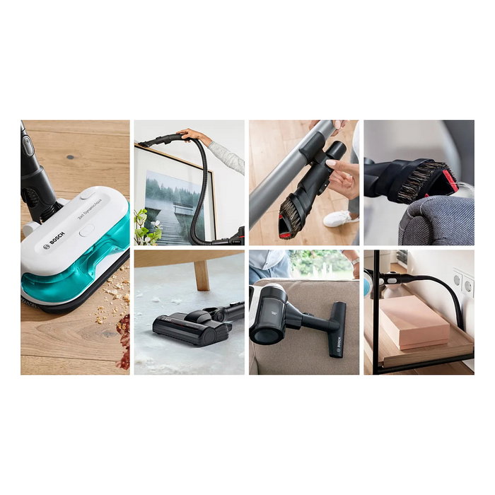 Bosch BSS712XHYG Aspiradora Escoba 2 en 1 Sin Bolsa 18 V con Función de Fregado, HEPA, 0.3 L, Color Aguamarina/Negro/Plata/Blanco