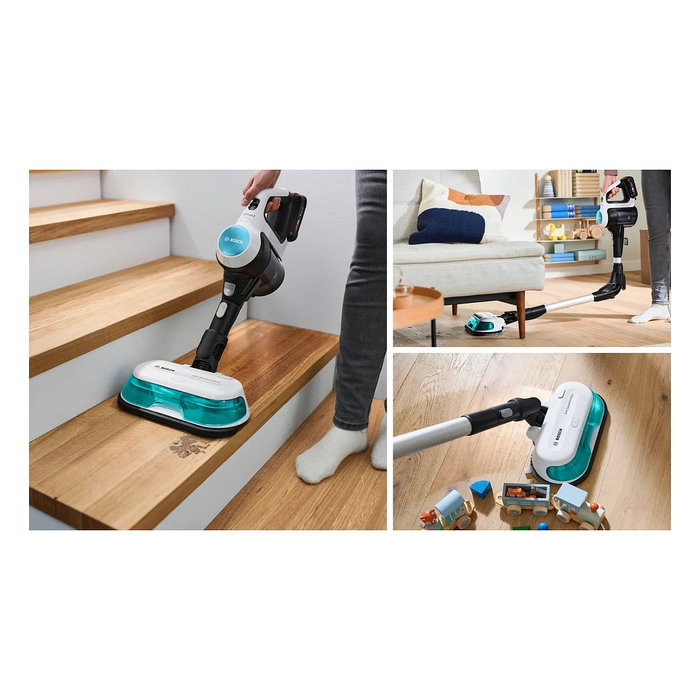 Bosch BSS712XHYG Aspiradora Escoba 2 en 1 Sin Bolsa 18 V con Función de Fregado, HEPA, 0.3 L, Color Aguamarina/Negro/Plata/Blanco