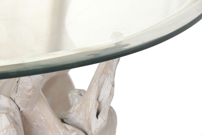 DKD Home Decor Mesa Centro Balines Indonesia 1c24 Blanco 90 x 90 x 47 cm con Cristal Raíz de Teca