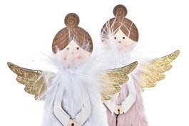 DKD Home Decor Figura Navidad Angel Madera Lana Blanco Rosa Palo Dorado 4 x 19 x 9.5 cm (12 Unidades)