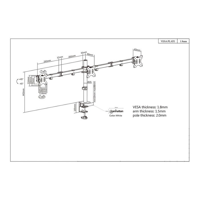 MANHATTAN Soporte Triple de Monitor para Escritorio, Tischhalterung con 2 Brazos, hasta 3 Monitores 27 Pulgadas 68.6 cm, VESA 75x75/100x100 mm, Negro MANHATTAN Soporte Triple de Monitor para Escritorio, Tischhalterung con 2 Brazos, hasta 3 Monitores 27 Pulgadas 68.6 cm, VESA 75x75/100x100 mm, Negro