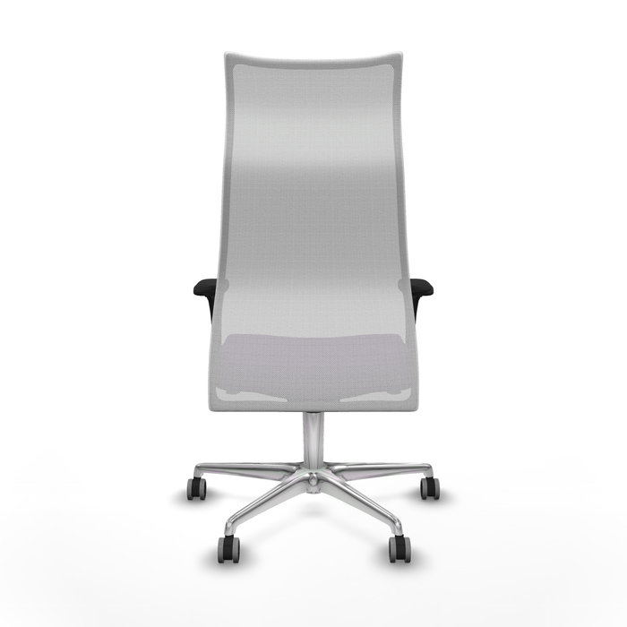 Sillón Albacete con mecanismo Sincro tapizada con Tela color Morado y malla color Blanco. Equipado con Base aluminio, Brazos 1D y Ruedas 65 mm parqué