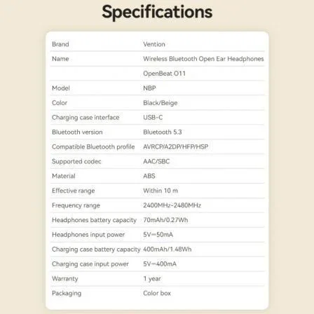 Vention Auriculares Deportivos Bluetooth Open Ear OpenBeat O11 NBPB0 Negro con Estuche de Carga
