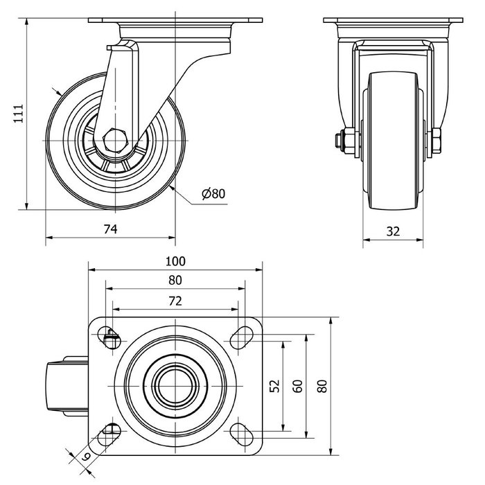 Ruedas Alex Rueda Giratoria de Goma con Placa y Eje de Rodillos Azul Carga Máx. 80 kg Ø 8 cm