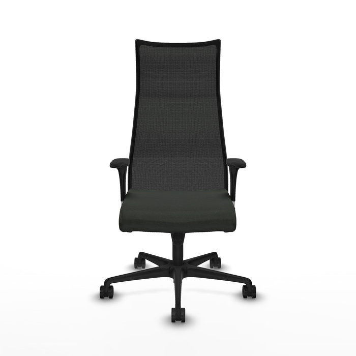 Sillón Albacete con mecanismo Sincro tapizada con Tela color Negro. Equipado con Base nailon negra, Brazos 1D y Ruedas 65mm nailon