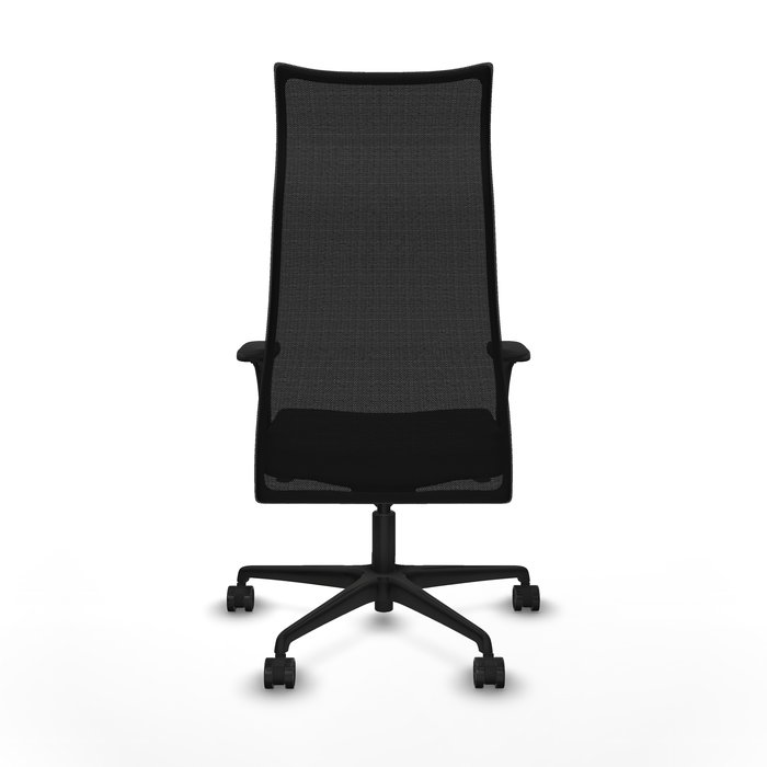 Sillón Albacete con mecanismo Sincro tapizada con Tela color Negro. Equipado con Base nailon negra, Brazos 1D y Ruedas 65mm nailon