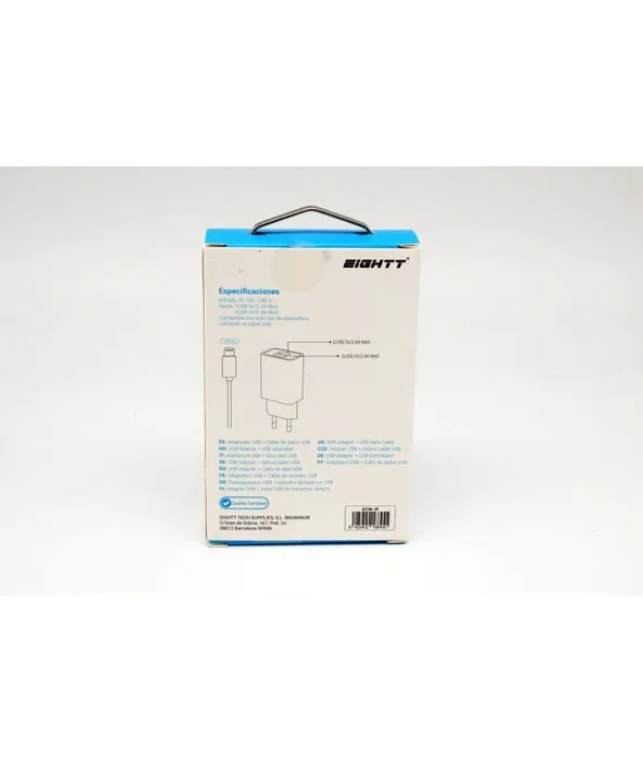Eightt Cargador ECW-IP Interior Universal 2 Puertos USB 5V 2.4A con Cable Lightning 1.2m Blanco