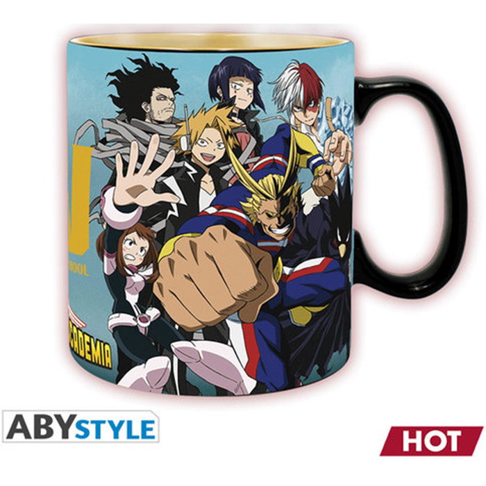 Abysse Taza Térmica My Hero Academia con Diseño Revelador de Estudiantes UA y All Might, Cerámica Negra 11x10x13 cm