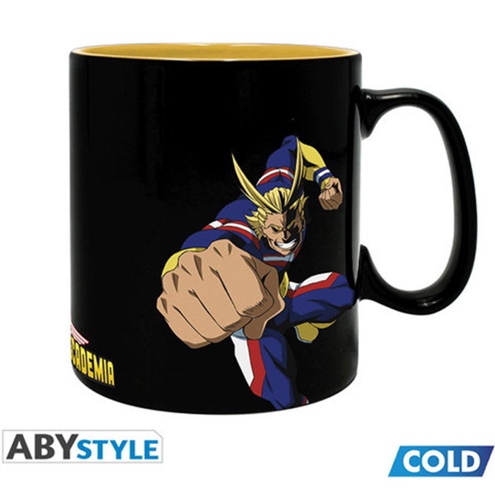 Abysse Taza Térmica My Hero Academia con Diseño Revelador de Estudiantes UA y All Might, Cerámica Negra 11x10x13 cm
