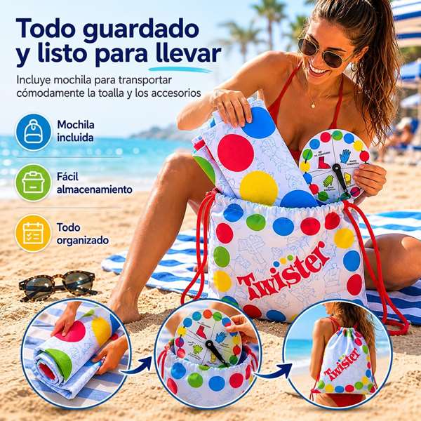 JugaToys Toalla Juego Twister con mochila y ruleta impermeable 100x100cm Multicolor