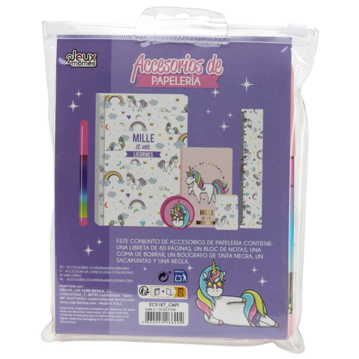 Jeux 2 momes Licorne Accesorios Papelería Infantil con Libreta, Bloc, Goma, Bolígrafo, Sacapuntas y Regla