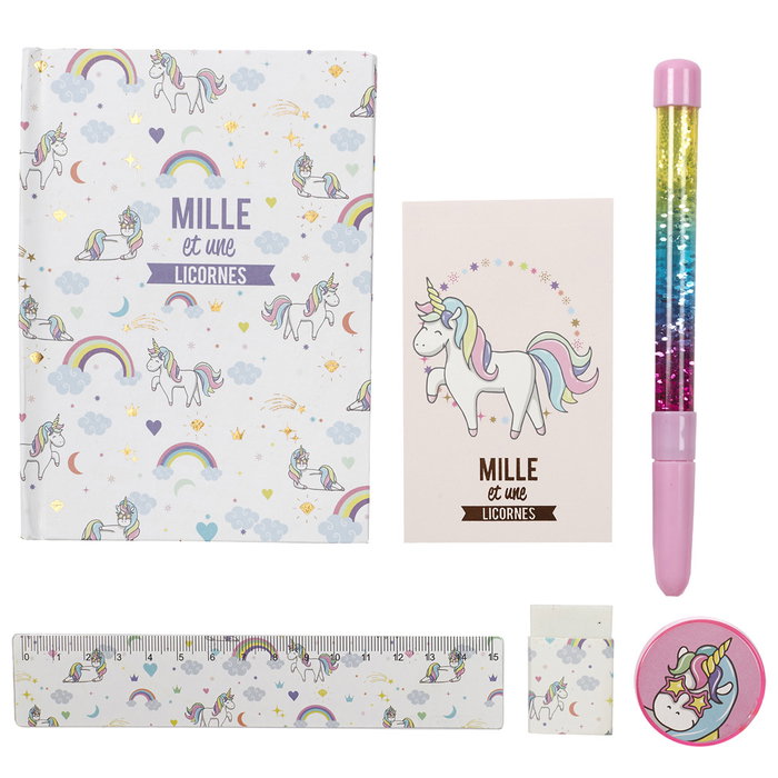 Jeux 2 momes Licorne Accesorios Papelería Infantil con Libreta, Bloc, Goma, Bolígrafo, Sacapuntas y Regla