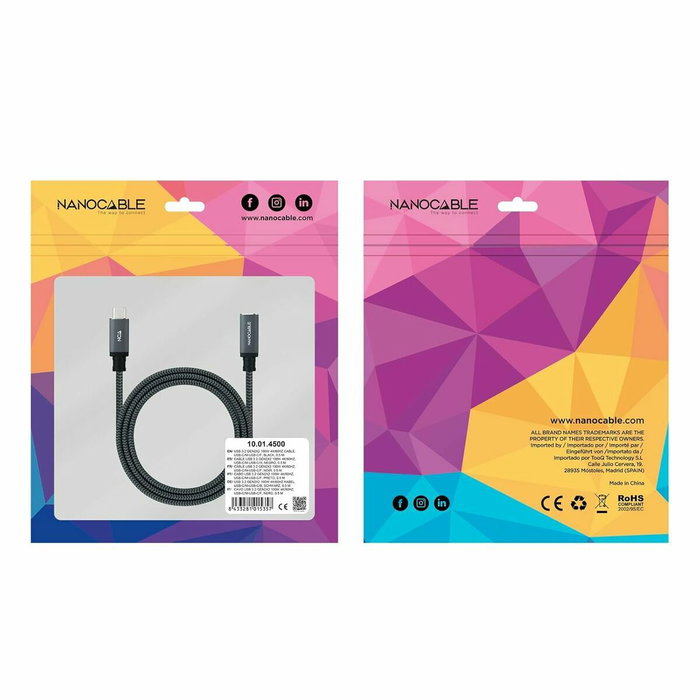 Nanocable Cable Prolongador USB-C 3.2 Gen2x2 20Gbps 100W 1m Negro