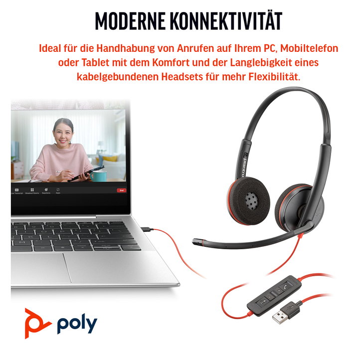 HP Poly Blackwire 3220 USB-C con Adaptador USB-A/C, Negro
