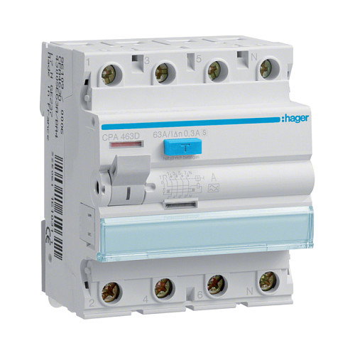 Hager CPA463D Interruptor diferencial 4 polos 63A 300mA Type S Hager CPA463D Interruptor diferencial 4 polos 63A 300mA Type S