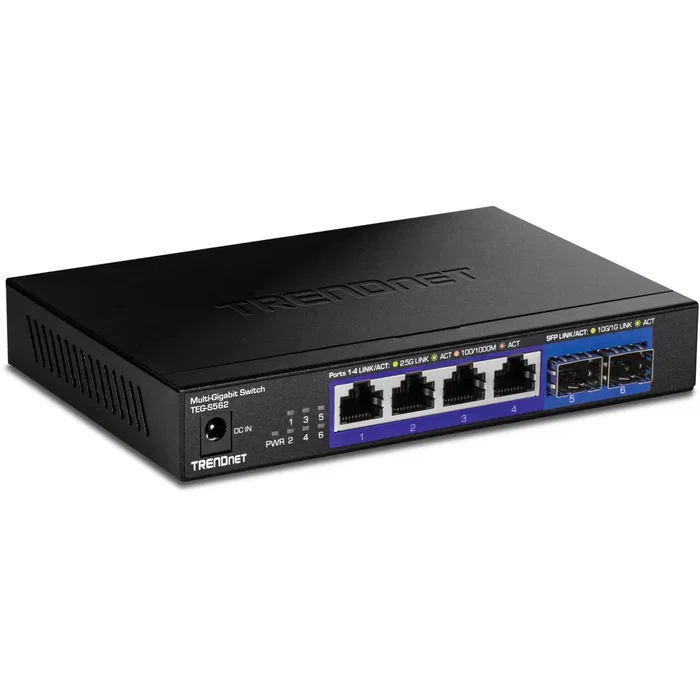 TRENDNET Switch Gigabit TEG-S562 No Administrado, 4 Puertos RJ-45 2.5G Ethernet (100/1000/2500) + 2 Ranuras SFP+, 60 Gbit/s, Color Negro