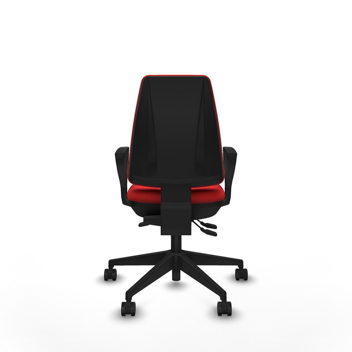 Silla de oficina Elche con mecanismo Asincro tapizada con Similpiel color Rojo. Equipada con Base piramidal negra, Brazos fijos y Ruedas 65mm nailon