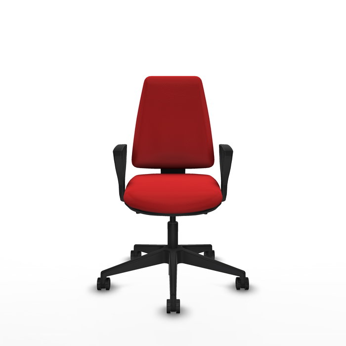 Silla de oficina Elche con mecanismo Asincro tapizada con Similpiel color Rojo. Equipada con Base piramidal negra, Brazos fijos y Ruedas 65mm nailon