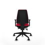 Silla de oficina Elche con mecanismo Asincro tapizada con Tela color Rojo. Equipada con Base piramidal negra, Brazos 1D y Ruedas 65mm nailon