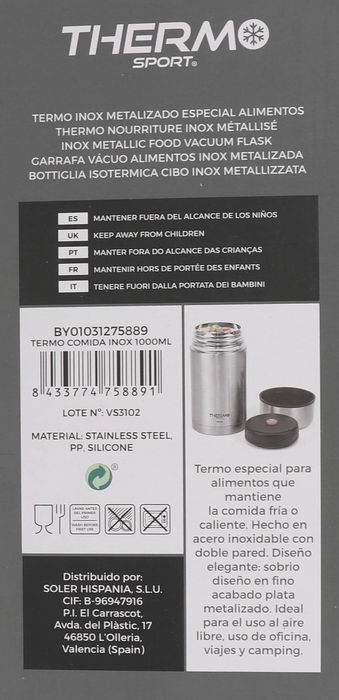 Thermosport Termo Comida Inox 1000 ml 10.5 cm x 20.5 cm x 10.3 cm (6 Unidades)