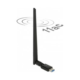 DeLOCK 12535 Adaptador Wifi USB 3.0 Dual Band 802.11ac Wi-Fi 5, 867 Mbps + 300 Mbps, Antena Externa RP-SMA, Negro
