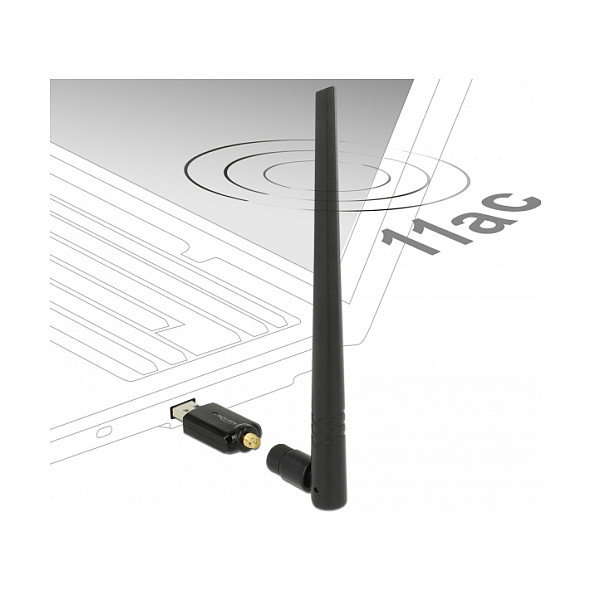 DeLOCK 12535 Adaptador Wifi USB 3.0 Dual Band 802.11ac Wi-Fi 5, 867 Mbps + 300 Mbps, Antena Externa RP-SMA, Negro