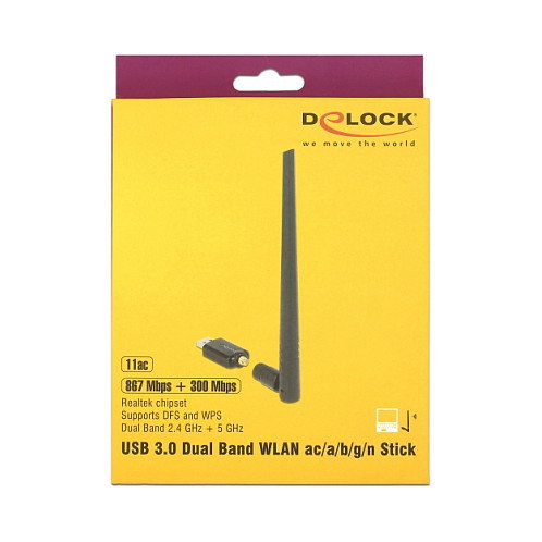 DeLOCK 12535 Adaptador Wifi USB 3.0 Dual Band 802.11ac Wi-Fi 5, 867 Mbps + 300 Mbps, Antena Externa RP-SMA, Negro