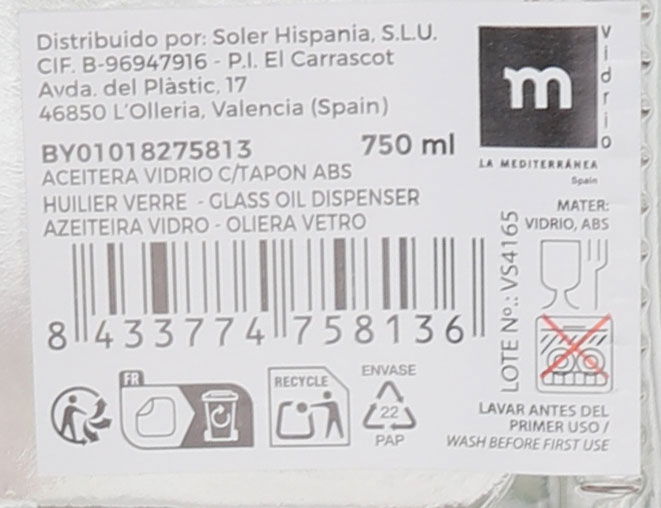 Anna Aceitera de Vidrio 750ml con Tapón ABS (12 Unidades)