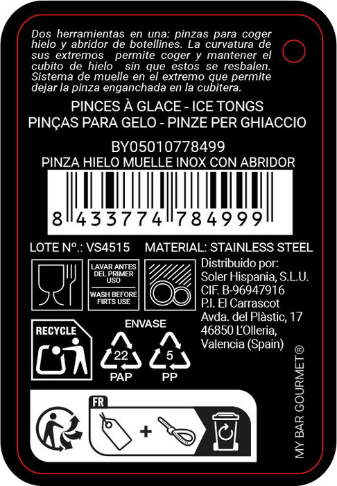 My Bar Pinza de Hielo de Acero Inoxidable con Abridor, 24 unidades My Bar Pinza de Hielo de Acero Inoxidable con Abridor, 24 unidades