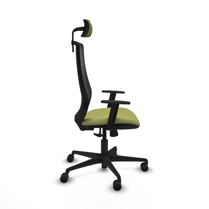 Silla de oficina Mardos con mecanismo Sincro tapizada con Tela color Verde oliva y malla color Negro. Equipada con lumbar 1D, Brazos 1D, Cabecero 2D y Ruedas 65mm nailon
